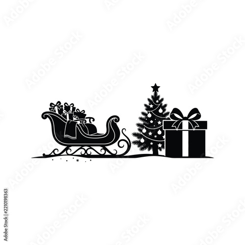 Minimalist Black and White Christmas Illustration Featuring Santa’s Sleigh, a Decorated Evergreen Tree, a Large Wrapped Gift Box and Elegant Curved Snowy Ground Details on a Clean White Background
