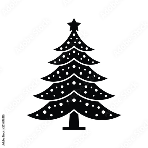 Elegant Black Christmas Tree Silhouette with Layered Geometric Branches, Delicate White Star Patterns and a Bold Five Point Star Topper, Minimalist Festive Holiday Illustration on a Clean White Backgr