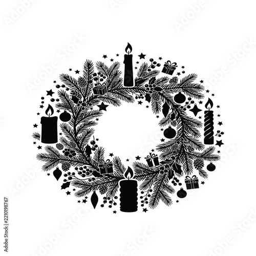 Elegant Black and White Christmas Candle Wreath Illustration with Four Tall Candles, Evergreen Branches, Decorative Berries, Stars and Festive Ornaments in a Symmetrical Circular Design
