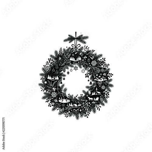 Elegant Black and White Christmas Wreath Illustration with Intricate Evergreen Branches, Decorative Stars, Festive Ornaments and a Large Ribbon Bow on a Clean White Background
