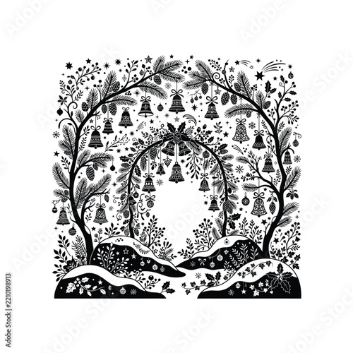 Intricate Black and White Tree of Life Illustration with Decorative Branches, Hanging Leaves, Floral Patterns, Birds and Curving Roots in an Ornamental Nature Design
