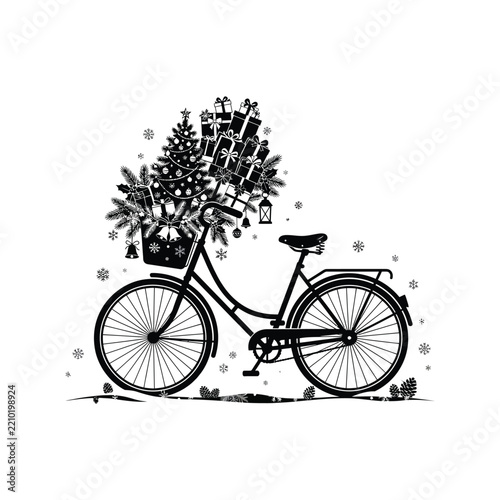 Elegant Black and White Vintage Bicycle Illustration Decorated with Pine Branches, Stars and Festive Ornaments, Minimalist Christmas Holiday Artwork on a Clean White Background