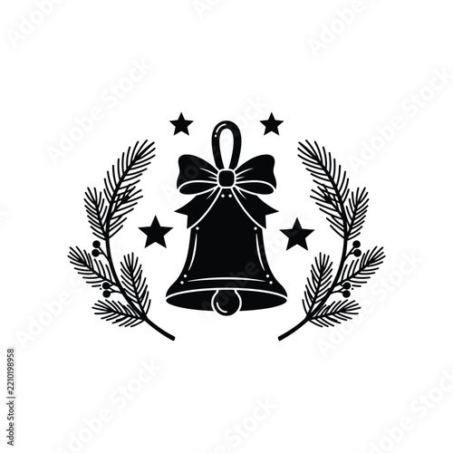 Elegant Black and White Decorative Bell with Symmetrical Botanical Branches, Five Stars and Floral Accents, Minimalist Vintage Christmas Ornament Illustration on a Clean White Background
