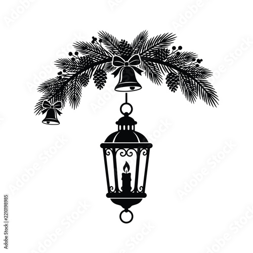 Elegant Black and White Vintage Lantern Hanging Beneath Decorative Palm Leaves and Ornamental Branches, Intricate Symmetrical Botanical Illustration on a Clean White Background
