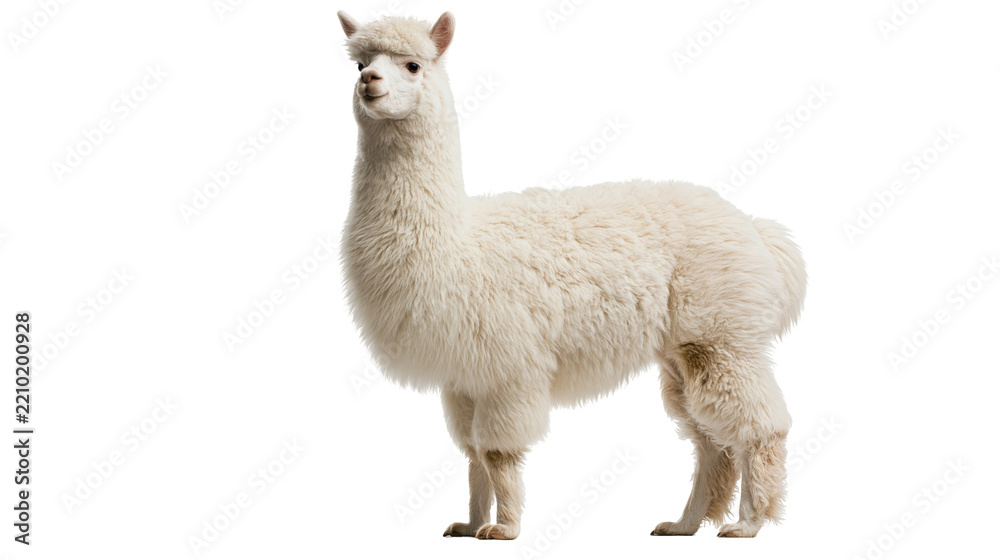 Obraz premium Fluffy white alpaca standing and looking forward