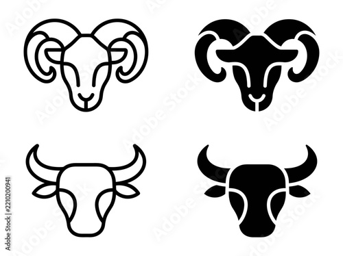 Set of ram and bull head outline and solid icons with astrology
