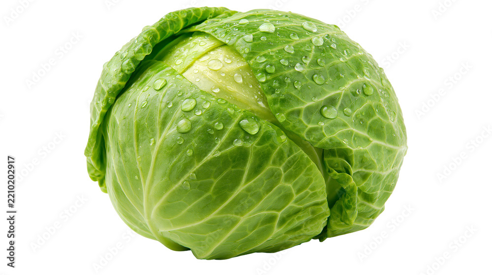 Fototapeta premium Fresh round green cabbage head with water droplets on textured leaves