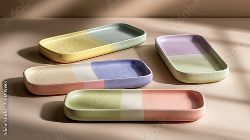 Pastel Trays: A collection of four ceramic rectangular trays, each featuring a unique pastel color block design, arranged on a neutral surface with soft, dappled sunlight casting shadows.
