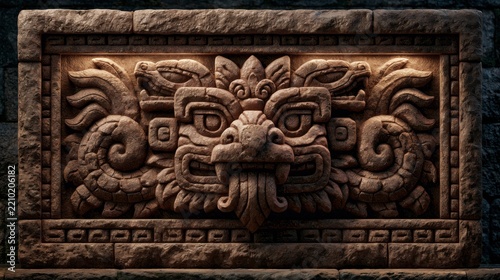 Ancient Mesoamerican Carving: A stone relief carving depicting a stylized mythical creature with intricate details, reminiscent of ancient Mayan or Aztec artistry.