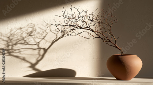Minimalist dry branch in a terracotta pot with soft directional shadow