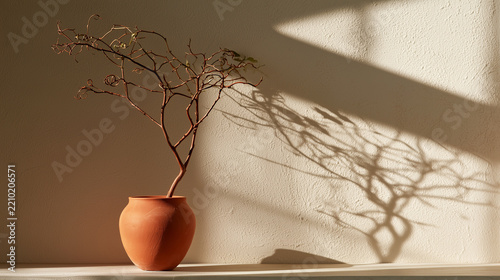 Minimalist organic dry branch in a rustic terracotta vase