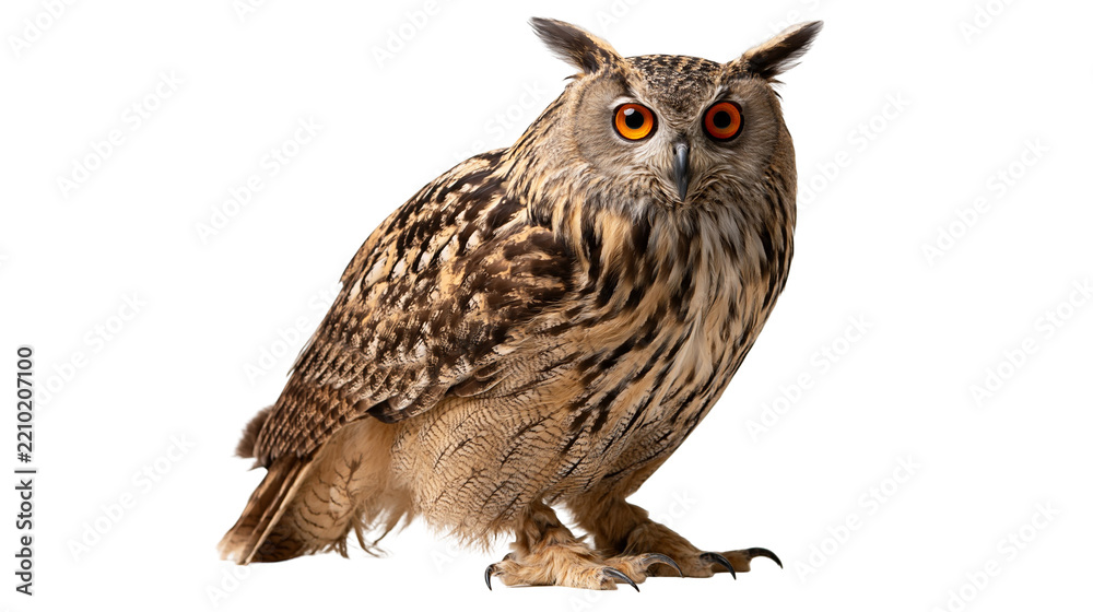 Obraz premium Eurasian eagle owl with orange eyes and brown patterned feathers