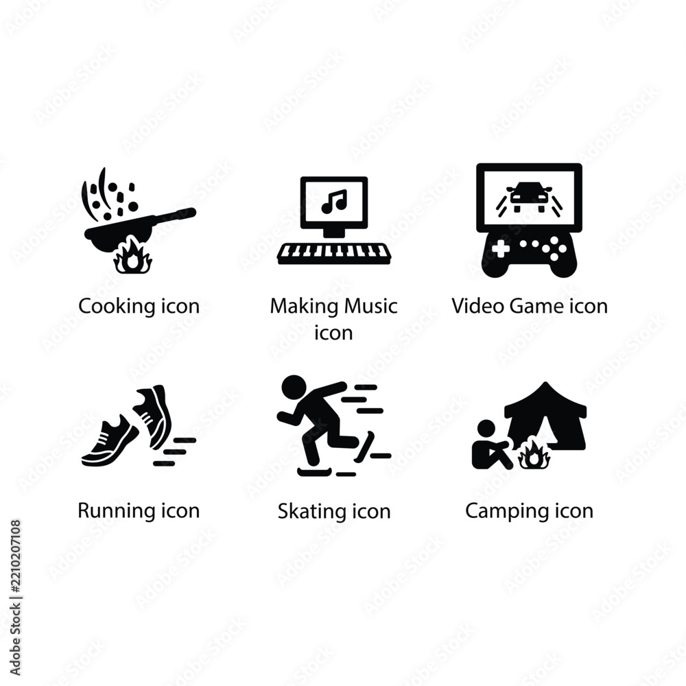 Fototapeta premium Cooking, Cooking, Making Music, Video Game, Running, Skating, Camping, icon