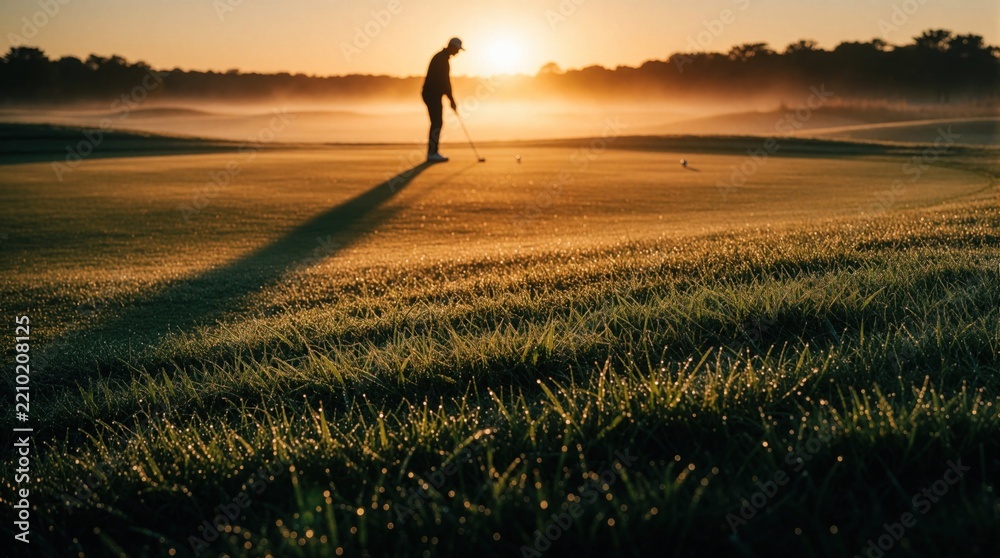 Naklejka premium Silhouette of lone golfer playing on misty fairway at sunset. Golden hour sun creates dramatic shadows on dew covered grass. Man practices golf swing during tranquil evening on luxury course.