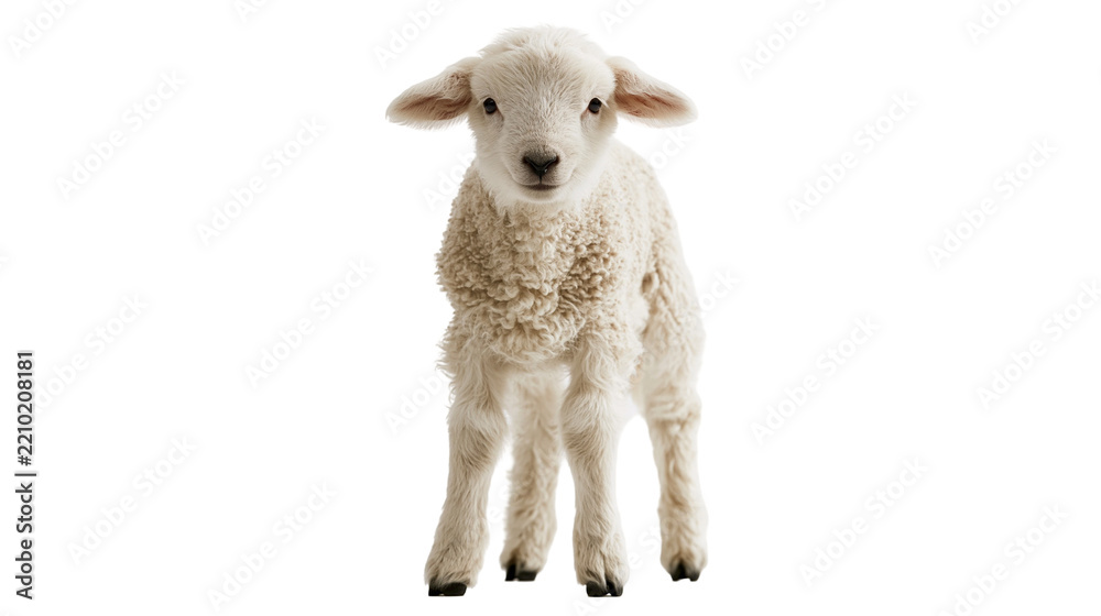 Obraz premium Fluffy white baby lamb standing and looking forward