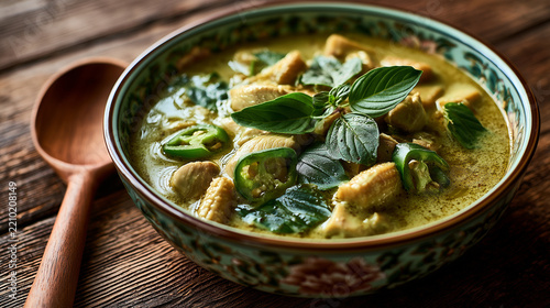 Authentic Thai Green Curry in Ornate Bowl with Fresh Herbs