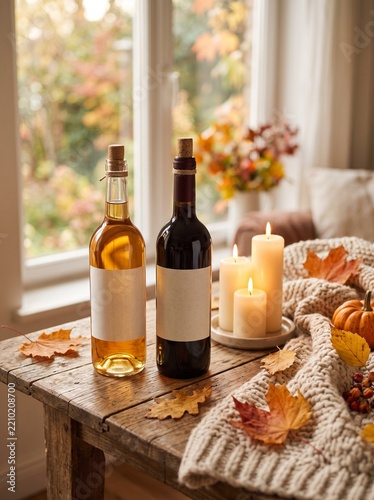 Apple cider and red wine bottles with blank labels on wooden table, white candles, autumn leaves and knitted blanket
