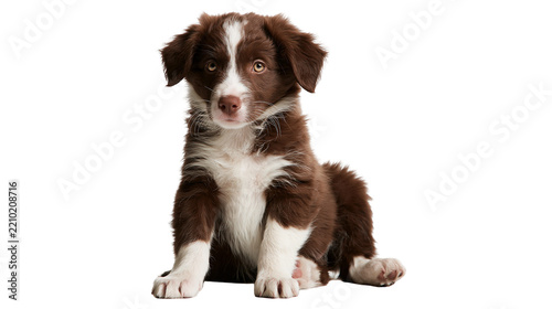 Brown and white Australian Shepherd puppy sitting and looking forward