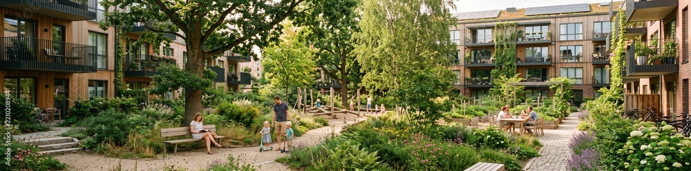 Fototapeta premium People are gathered in a green architecture setting, interacting and enjoying the natural environment. The space features plants, trees, and