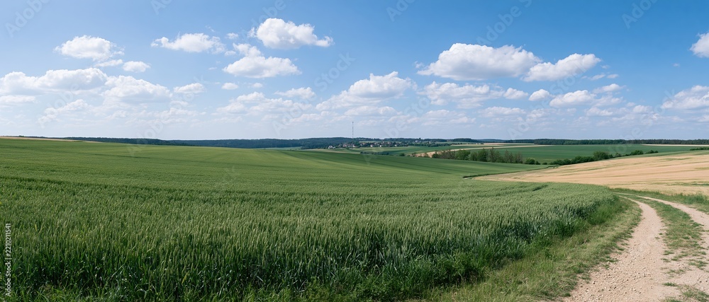 Obraz premium Wide panoramic view of rolling green agricultural fields under a blue sky with scattered clouds, featuring a dirt path winding through the farmland