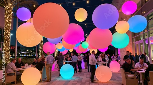 Large illuminated spheres create a vibrant, festive atmosphere for an outdoor gathering.