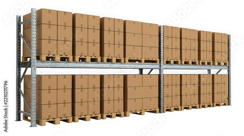 Warehouse metal shelving unit with stacked cardboard boxes on wooden pallets isolated on transparent background