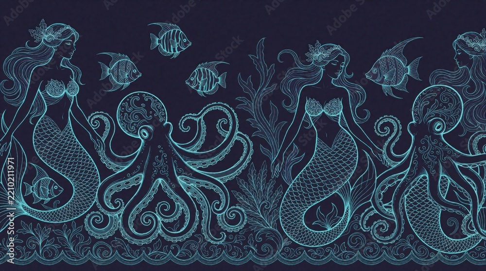 Obraz premium Seamless border pattern with fantasy mermaid, octopus, fish. Turquoise contour line drawing shows sea animals on dark indigo background. Ornate embroidery style decoration features nautical