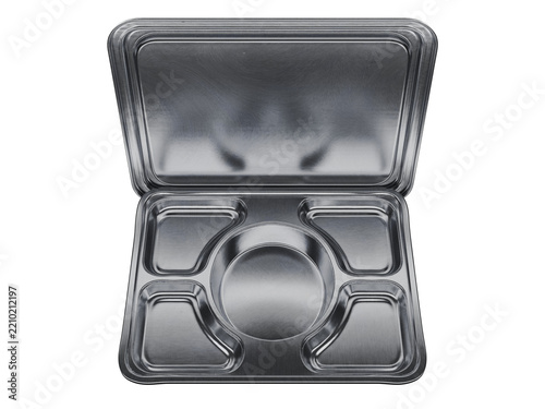 Ompreng Lunch Box Container Stainless Steel Round Center 5 Compartment 3D Render Half Open