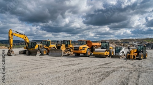 Construction machinery lineup under dramatic cloudy sky on gravel site