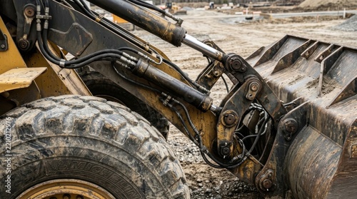 Close-up of heavy machinery bucket and hydraulic arms on construction site