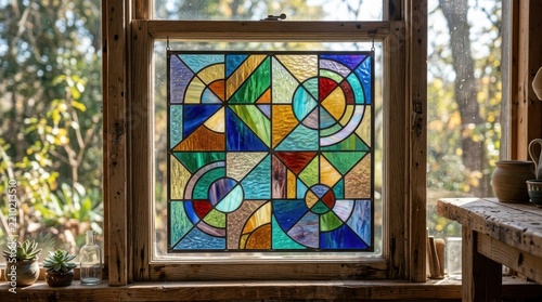 Stained glass window with geometric patterns in a rustic wooden frame