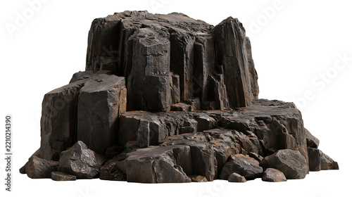 Jagged dark basalt rock formation with vertical columnar jointing and rough texture