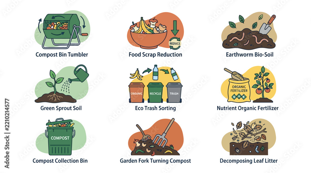 Fototapeta premium Home composting and organic waste recycling icon set.
