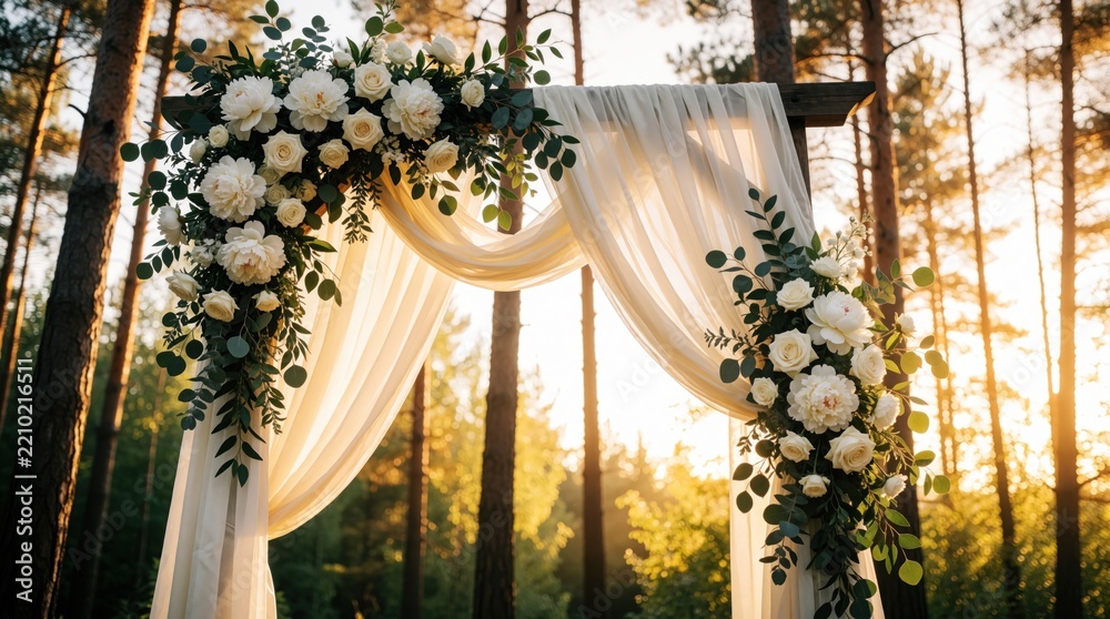 Obraz premium Elegant wedding arch with white roses, green leaves stands in pine forest. Soft white fabric drapes over wooden structure during golden hour. Romantic ceremony decor glows under warm sunset light in