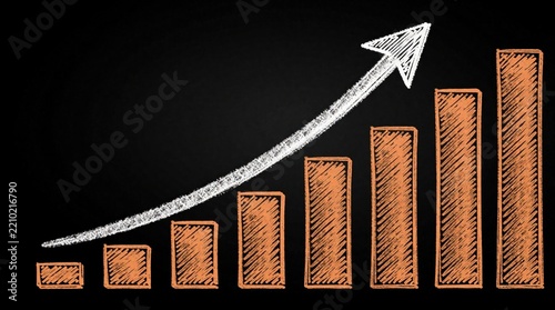 Hand drawn orange bar chart shows steady growth on black background. White arrow points upward showing progress, success. Financial doodle graph rising profit, business trends, positive economy,