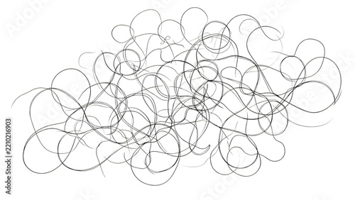 Tangled thin grey thread strands in a chaotic pattern against a neutral surface