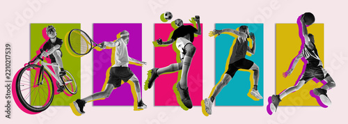 Cyclist tennis soccer player runner and basketball athlete cross vivid graphic panels with focused drive. Sports variety, modern training, dynamic editorial concept