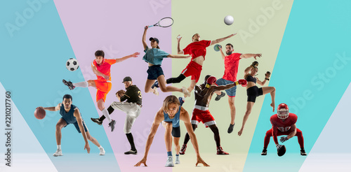 Large group of athletes performs different sports on pastel geometric stage with energetic teamwork. Community sport, active culture, athletic inclusion concept
