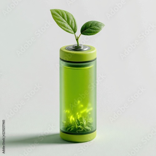 Green energy battery growing fresh green plant