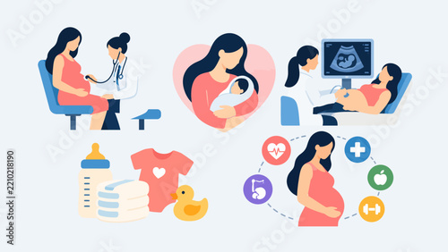 Flat vector illustrations of pregnancy journey and maternity healthcare featuring prenatal checkups ultrasound baby care items and healthy lifestyle icons