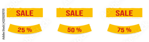 Set of yellow sale labels with 25%, 50% and 75% off. Sale sticker, discount label, promotion, shopping, marketing, commerce. Vector illustration, isolated on transparent background.
