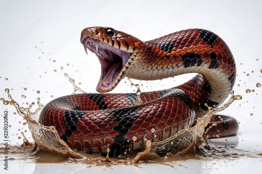 Fototapeta premium Angry snake with open mouth splashes in muddy water. Venomous reptile attacks with wide jaws in liquid. Close up of dangerous viper striking through brown splash against white background. Wild animal