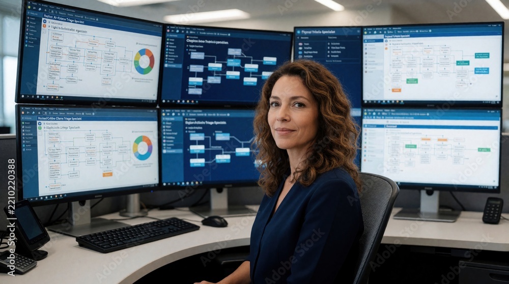 Fototapeta premium Female claims specialist monitors AI driven medical prior authorization workflow on large curved monitor array. Pro woman manages automated health insurance triage process using advanced software