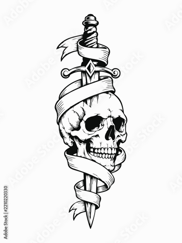 Traditional Tattoo Style Skull Pierced by Dagger with Blank Ribbon Scroll Line Art Illustration
