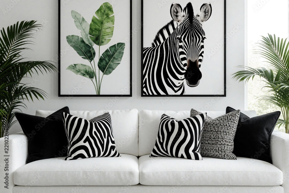 Obraz premium Modern living room interior with white sofa, zebra pattern pillows. Large botanical leaf art, zebra portrait hang on wall. Green palm plants decorate cozy apartment space with monochrome decor, chic