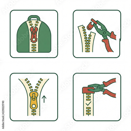 Zipper Repair and Replacement Steps Vector Icon Set
