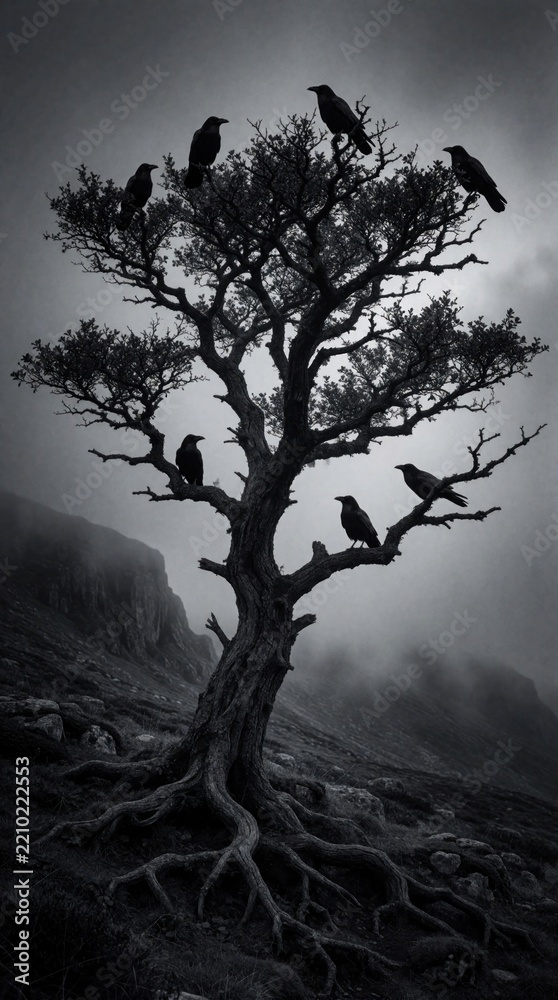 Fototapeta premium Black crows sit on gnarled tree branches in foggy mountain landscape. Dark silhouette of birds on old twisted tree against misty sky. Eerie monochrome nature scene with wild crows in moody winter
