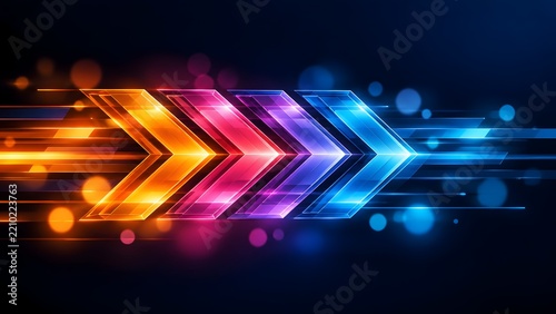 Colorful glowing neon chevron arrows with motion light trails and bokeh on dark background representing fast digital transition and forward energy