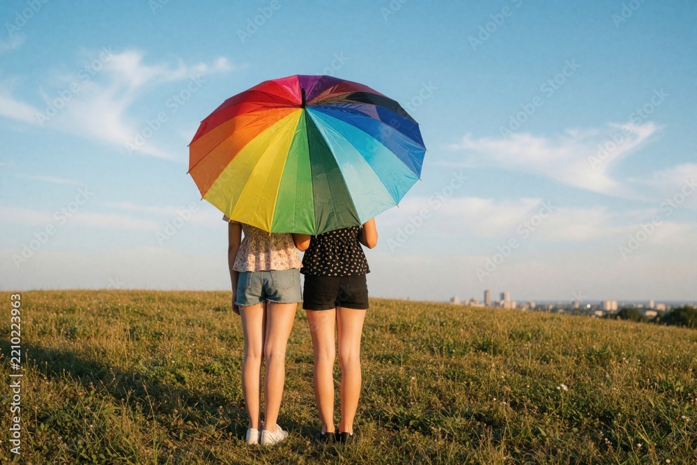 Obraz premium Two young women stand in grass field under large rainbow umbrella. Back view of girls holding pride flag colored parasol. Look at city skyline on horizon during sunset. LGBTQ community concept of
