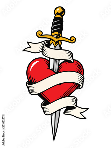 Traditional Tattoo Style Dagger Piercing Red Heart with Banner Illustration